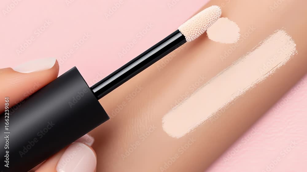 Poster hand applying liquid foundation with applicator on skin, showcasing smooth texture and color match, 