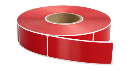 A roll of red adhesive labels isolated on transparent background, perfect for product packaging, inventory management, and promotional marketing