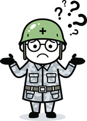 Cartoon Vector Illustration of Confused Child in Military Uniform with Raised Arms, Green Helmet, Question Marks, and Camouflage Outfit Design