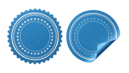 Two blue round stickers isolated on transparent background, one with a curled corner, offer a clean and versatile design element for labeling, branding, or promotional purposes