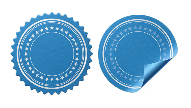 Two blue round stickers isolated on transparent background, one with a curled corner, offer a clean and versatile design element for labeling, branding, or promotional purposes