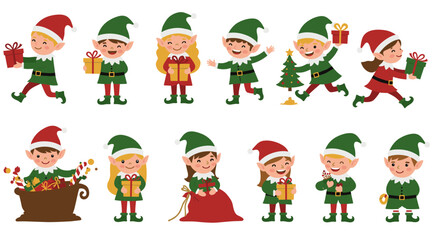 Cartoon christmas elves with gifts and festive decorations