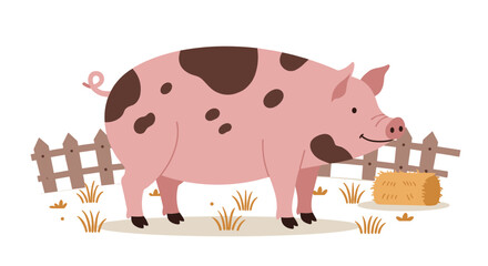 Cartoon pig in farmyard scene with fencing and hay bale