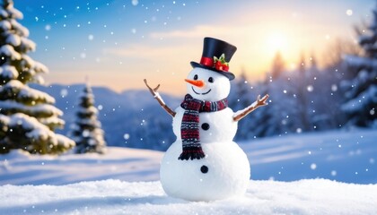 Obraz premium A funny snowman in a black hat with a red ribbon and a checkered scarf stands against the background of a winter landscape illuminated by bright shades of the rising or setting sun.