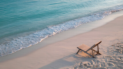 Fototapeta premium Wooden chair on sandy tropical beach with turquoise sea waves