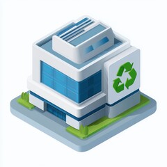 Isometric illustration of a modern, white building with blue windows, a flat roof, and a recycling symbol on its side, set against a simple background