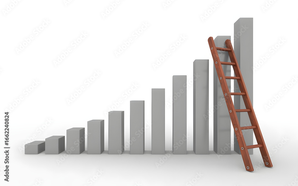 Poster ladder leaning against a bar graph with increasing height on a white background rendering scene