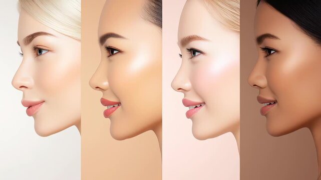 Diverse group of women with varying skin tones showcasing beauty and confidence in a seamless progression of facial expressions and features, highlighting diversity in beauty standards