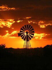 Silhouette of Windmill at Sunset: Tranquil Country Landscape with Beautiful Sky and Nature's Drama