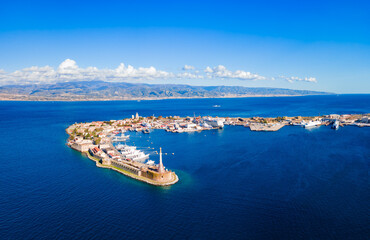 Santissimo Salvatore Fort and city port aerial view, Messina
