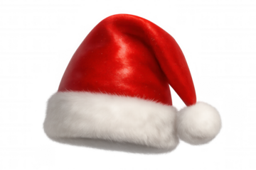 Red and white santa claus hat floating on a transparent background, perfect for christmas projects