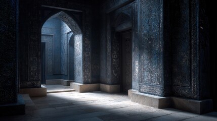 Fototapeta premium Intricate Mosaic Tiles Adorning Dimly Lit Architectural Walls in an Intimate Space