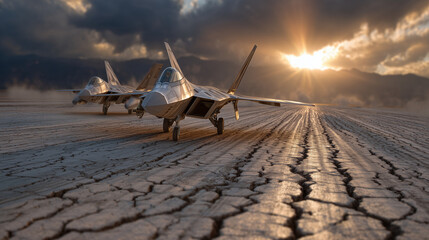 Obraz premium Dramatic runway perspective, fighter jets gliding across cracked dusty surface, sunlight reflecting on their metallic fuselage, glowing clouds in background conveying strength and