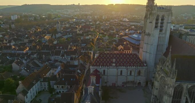Aerial view of cities of Sens Burgundy France flying over the old historic center