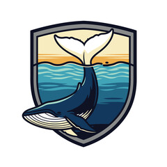 A humpback whale's tail emerges from ocean waves within a stylized shield emblem, sunset backdrop.