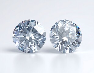 Two round brilliant cut diamonds on a light gray surface