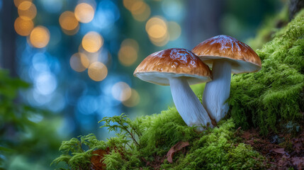 Fototapeta premium Macro forest detail, porcini mushrooms growing in lush moss, background blurred with golden-orange bokeh of sunlight through leaves, emphasizing delicate natural harmony