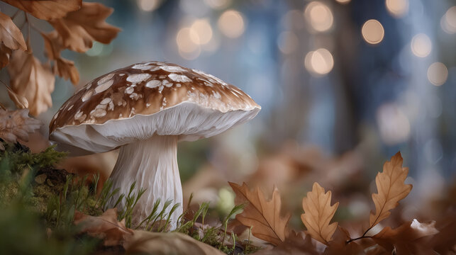 Single porcini mushroom close-up, textured cap highlighted by golden rays, fallen birch and oak leaves resting gently around it, atmosphere of autumn calm and richness