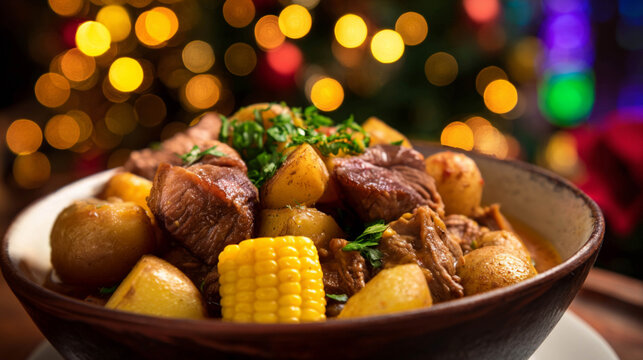 Picana Navide&ntilde;a, Bolivian Christmas meat stew with beef, lamb, and chicken, served in a deep ceramic bowl with potatoes and corn, with a softly glowing Christmas tree blurred behind