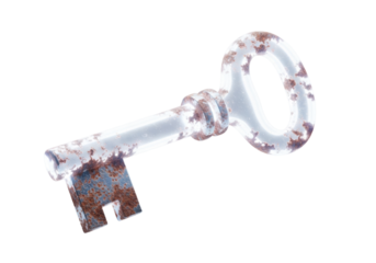 Antique, bent skeleton key of luminous white-blue light, translucent, glowing, covered in detailed rust, against a clean transparent studio background, no shadows, unique material study