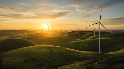 Obraz premium Wind Turbines at Sunset Rolling Hills Landscape Clean Energy Future