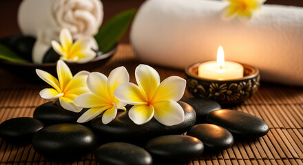 Fototapeta premium Soft candlelight glows beside frangipani flowers, smooth black stones, and a rolled towel, creating a tranquil spa atmosphere for ultimate relaxation.
