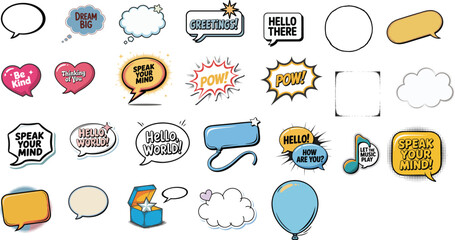comic speech bubble icons with messages and colorful cartoon expressions