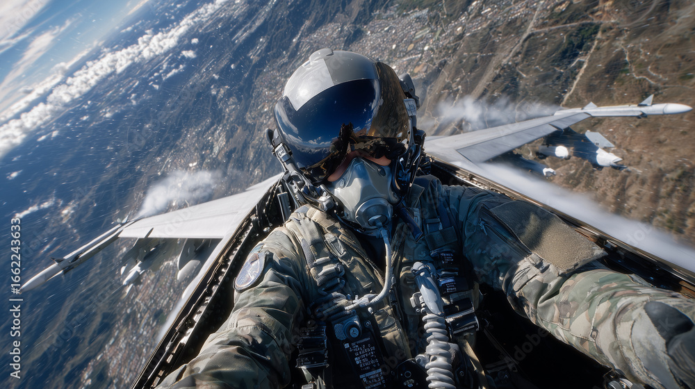 Poster military jet slicing through thin cirrus clouds, cockpit highlighted in detail, pilot adjusting navi