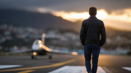 Wide cinematic view of airbase runway at dawn, lone pilot in silhouette walking towards a jet bathed in soft golden light, symbolizing courage and determination
