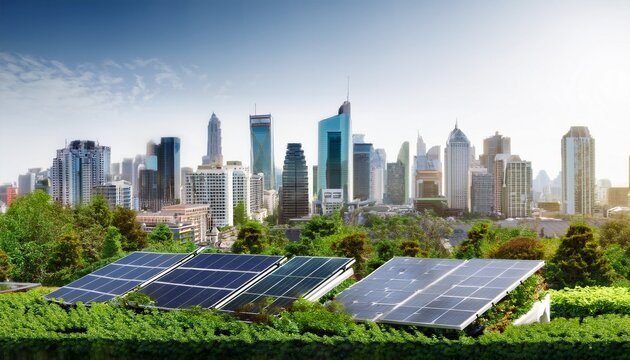 professional image of a city skyline with green rooftop gardens and solar panels with a seamless white background perfect for urban sustainability branding