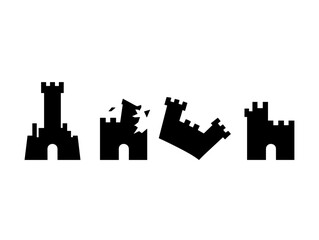 Fototapeta premium Four castle icons in a row depicting varying states of disrepair and structural integrity isolated graphic