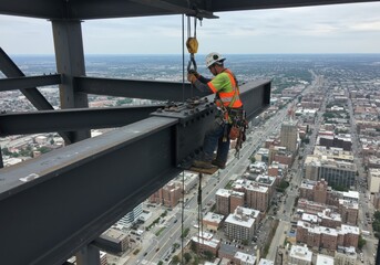 Naklejka premium High altitude worker in a harness assembling a steel structure on a skyscraper with the city below