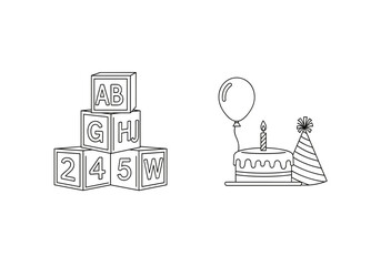 Naklejka premium Outline drawing of stacked blocks with letters and numbers and birthday cake with party hat and balloon