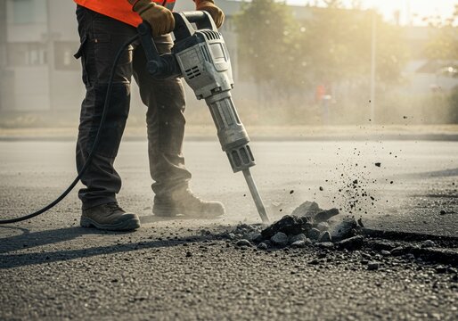 Road worker in a high visibility vest using a jackhammer to break asphalt during road construction and repair