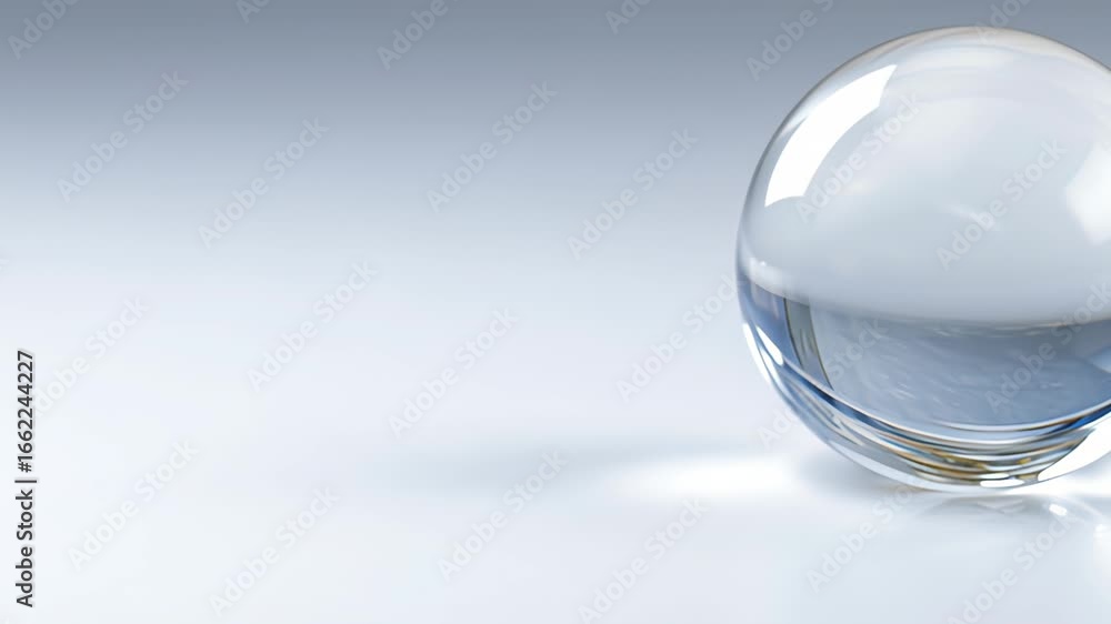 Poster transparent glass sphere gradually shifting position on a smooth surface, capturing reflections and 