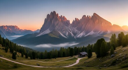 Majestic mountain range at sunset with forest and winding pathway view