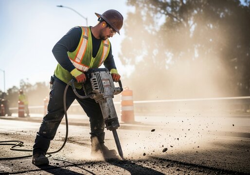 Road worker in a high visibility vest using a jackhammer to break asphalt during road construction and repair