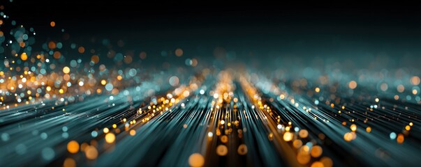 Abstract rendering depicts flowing lines with bokeh.  Warm, golden highlights contrast cool blue-green base colors, suggestive of energy and data