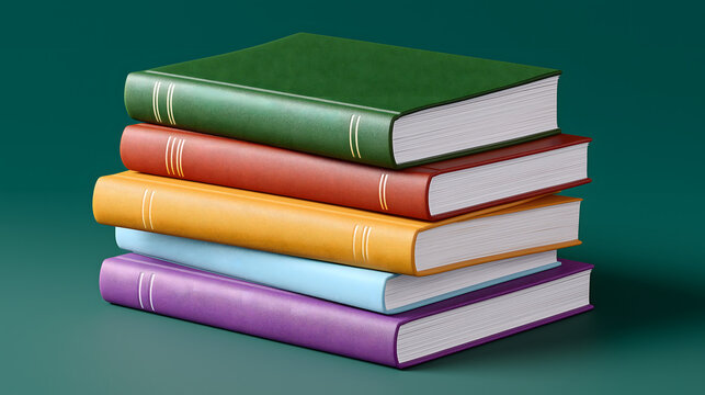 Stack of colorful textbooks on a green background