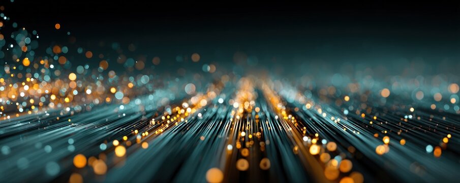 Abstract rendering depicts flowing lines with bokeh.  Warm, golden highlights contrast cool blue-green base colors, suggestive of energy and data