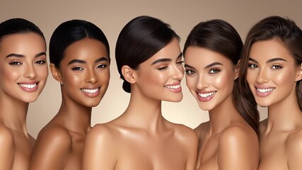 Group of diverse women with radiant skin and natural beauty, showcasing joyful expressions and connection in a harmonious sequence of smiles and interactions