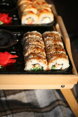 sushi set on wooden tray