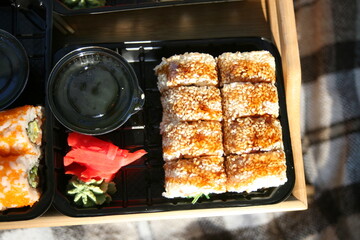 sushi set on wooden tray