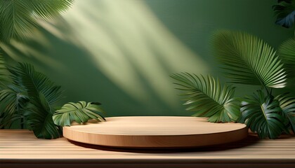 Obraz premium podium background product platform green display palm 3d stage stand leaf podium wood background product plant jungle cosmetic wooden pedestal forest minimal nature table scene shadow beauty summer