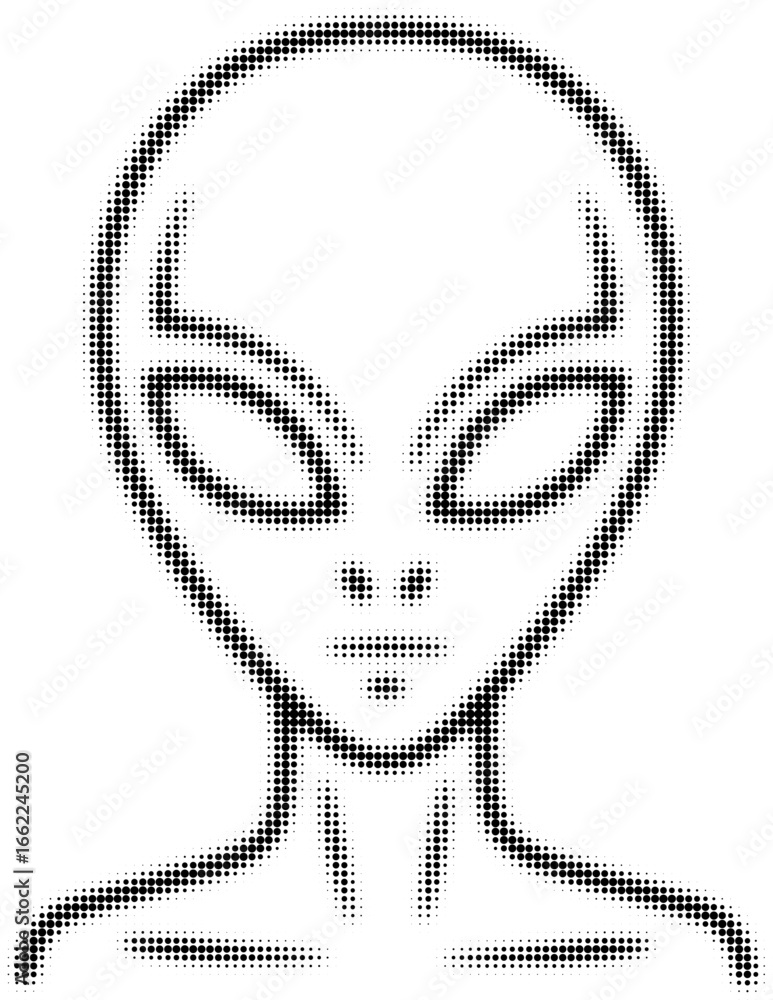 Poster abstract dot pattern of an alien face in black and white with pixelated effect. vector illustration