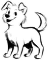 Halftone effect of a cartoon dog with a happy expression, monochrome design. Vector illustration
