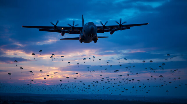 Moody twilight sky filled with paratroopers in silhouette, their descent forming a vast spread beneath the powerful silhouette of the C-130 overhead