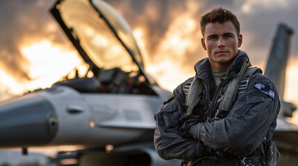 Fototapeta premium Aviator framed against dramatic sky, fighter jet in backdrop with cockpit open, high-angle lens exaggerating scale and determination