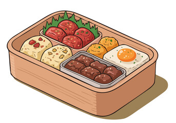 charming bento box illustration showcases a 'Shared Meal Love' concept  Bright colors and detailed food elements create a visually appealing and inviting image perfect for food-related marketing