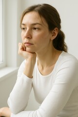 Fototapeta premium Thoughtful young caucasian female sitting by window in white shirt
